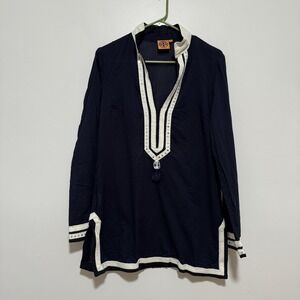 Tory Burch Navy Blue Cotton Tunic Beaded Sequin Trim Size 8‎